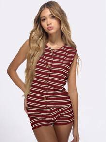 MISSGUIDED Conjunto de dos piezas de punto con botones, top a rayas sin mangas y shorts de verano para viajes, vacaciones y playa, conjunto de punto para Navidad - Rojo - Ver 6