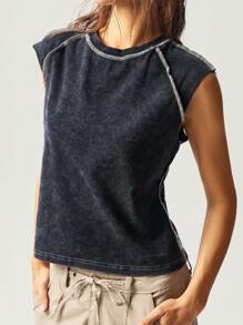 Bohemela BOHO Casual Solid Color Knit Round Neck Slim-Fit Washed Women T-Shirt - Black - View 6