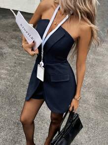 Siren Gaze Women's Strapless Jumpsuit, Solid Color Faux Blazer Jumpsuit, Business Attire, Elegant Jumpsuit