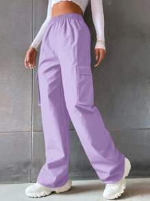 Hanevo Celana Panjang Kasual Model Lurus dengan Pinggang Elastis dan Kantong, Warna Polos - Purple - View 3