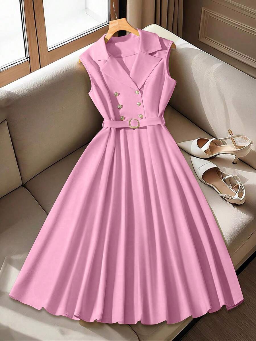 GlowEve CURVE Đầm đi làm thanh lịch màu mơ cỡ lớn cho nữ, không tay, hai hàng khuy, thắt eo, nút kim loại - Hồng - Xem 1