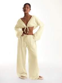 MUSERA 系带亚麻质感沙滩裤，适合夏季节日度假、波西米亚风情、伊比沙岛假日、机场派对、春季海滩等场合。 - 奶油色 - 查看 3