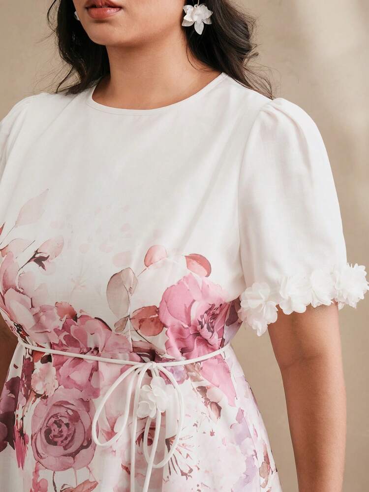 ロケーション フローラル プリント 半袖 ラウンドネック ミニドレス、フェスティバル、休暇、ビーチに優雅に着られるプラスサイズ