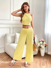 SHEIN VCAY Women Butter Yellow Open Shoulder Loose Vest & High-Waisted Straight Leg Pants 2Pcs Sets,Summer Outfits For Women, Summer Clothes,Festival Outfits For Women - Yellow - View 6