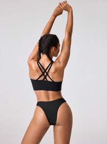 Swim Nautrix Swim SPRTY Summer Solid Color New Halter Strappy Criss Cross Back Casual Sports Swimsuit Top - Black - View 8