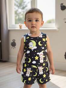 Set de 2 piezas de top sin mangas con estampado de oveja y pantalones cortos para niño pequeño, conjunto casual, lindo y cómodo para uso diario