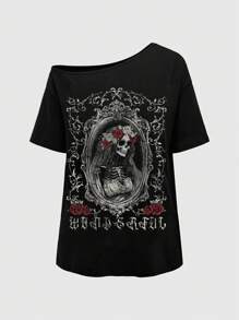 ROMWE Goth Vintage Totenkopf Rose Braut Gothic Muster abgenutzt bedrucktes loses asymmetrisches Große Größen T-Shirt mit einem Schulter
