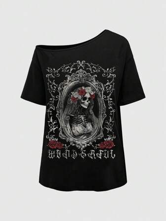 Goth T-shirt ample à une épaule avec imprimé vintage crâne rose mariée gothique vieilli, grande taille