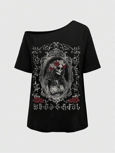Vintage Skull Rose Bride Gothic Pattern Distressed Printed Loose Asymmetric One Shoulder Plus Size T-Shirt