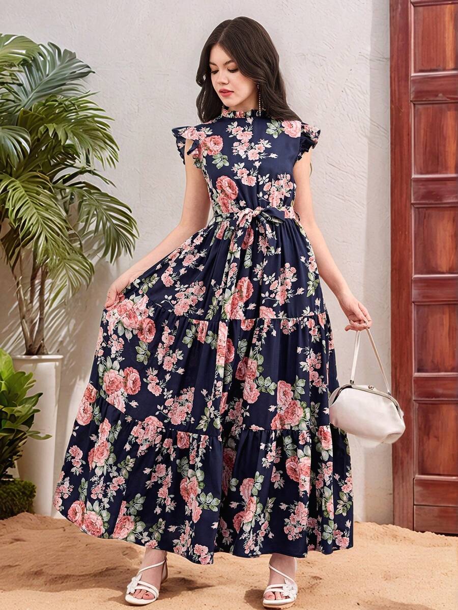 SHEIN Teen Girls' Floral Print Small Cap Sleeve Tie-Waist Layered Hem A-Line Dress - Navy Blue - View 1