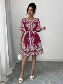 Chiquease Women's Spring/Summer Floral Print A-Line Long Dress, Holiday Vacation Style - Burgundy - View 3