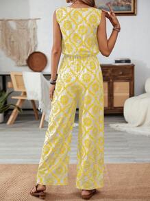 Breezaya Elastic Waist Print Jumpsuit With Round Neck & Sleeveless, Vacation Wear, Spring/Summer - Yellow - View 2