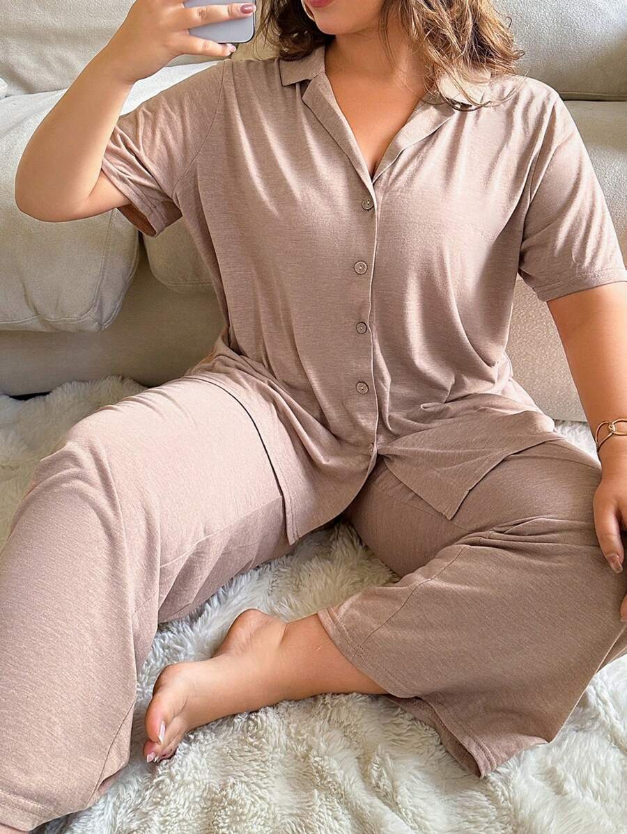 SHEIN Plus Size Women Soft Skin-Friendly Solid Color Button-Down Top & Pants Sleepwear Set, Outfits - Khaki - View 1