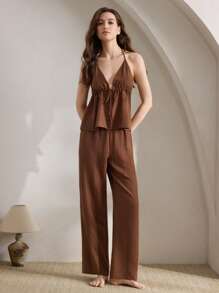 Ocili Ocili Leisure Women's Sexy Solid Color Backless Halter Neck Top And Pants Pajama Set, Summer