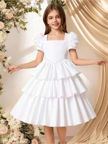 Girl's Solid Color Pearl Square Neck Cake Dress - White - View 2