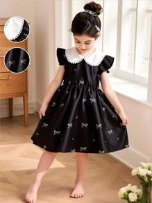 Girl's Bow Print Peter Pan Collar Cap Sleeve A-Line Dress