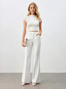 BizChic Women White Front Center Seam Flared Design Pants, Romantic Elegant Everyday Fashion Business Casual Suit, Suitable For Office, Teacher In Fall/Winter