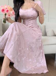 DAZY 夏季新款优雅收腰中长款连衣裙，带阳伞 - 粉色 - 查看 4