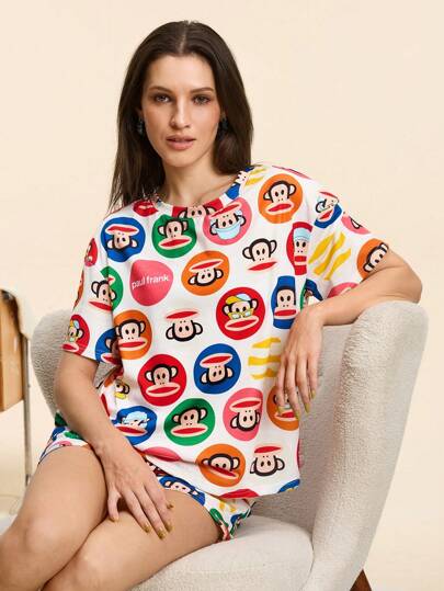 Paul Frank X SHEIN Women Monkey Print Round Neck Short Sleeve T-Shirt And Shorts Pajamas Set