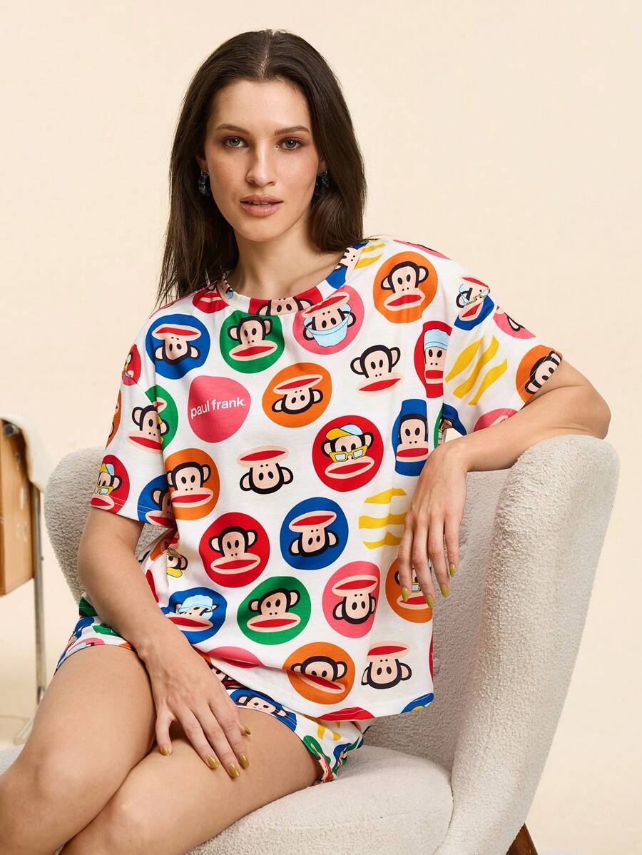 Paul Frank X SHEIN 女士猴子印花圆领短袖 T 恤和短裤睡衣套装 - 彩色 - 查看 1