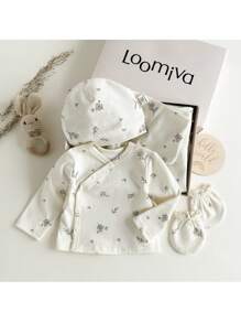 Loomiva Newborn Baby Girl 5pcs/Set Floral Print Soft Knit Long Sleeve Pullover Top, Elastic Waist Pants, Hat, Gloves, Bib Set