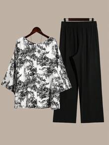 EMERY ROSE Women's Plus Size Full-Coverage Monochrome Print Simple Round Neck Top With Solid Color Casual Trousers Going Out Tops Vacation Summer Women Outfit Boho Baggy Pants Western Wear Beach Outfits - Multicolor - View 2