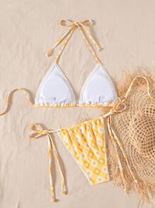 Swim Mod Women Summer New Textured Halter Top With Side Tie Shorts Bikini Set - Multicolor - View 2