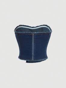 SHEIN MOD Women's Asymmetrical Hem Denim Strapless White Button-Embellished Bodice Top