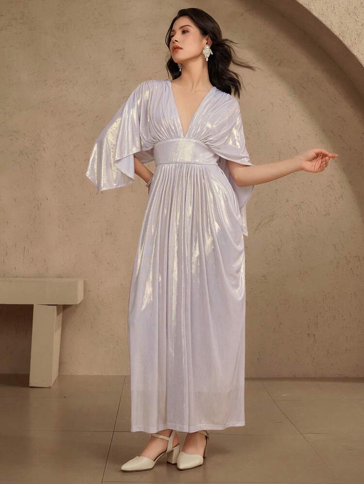 Women's Deep V-Neck Satin Flared Waist A-Line Long Dress, Elegant Solid Color Middle East Banquet Gown, Graduation / Concert Outfit, Summer Luxury Prom Dress Sequin Sparkly Dress
