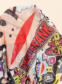 Paul Frank X SHEIN 女式猴子印花修身圆领短袖上衣，夏季 - 彩色 - 查看 8