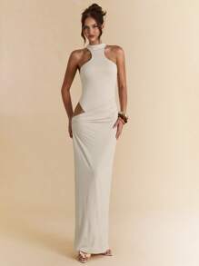 SHEIN BAE 杏色无袖不对称镂空紧身连体裤，女式优雅长裙，度假沙滩礼服，婚礼宾客礼服 - 杏色 - 查看 4