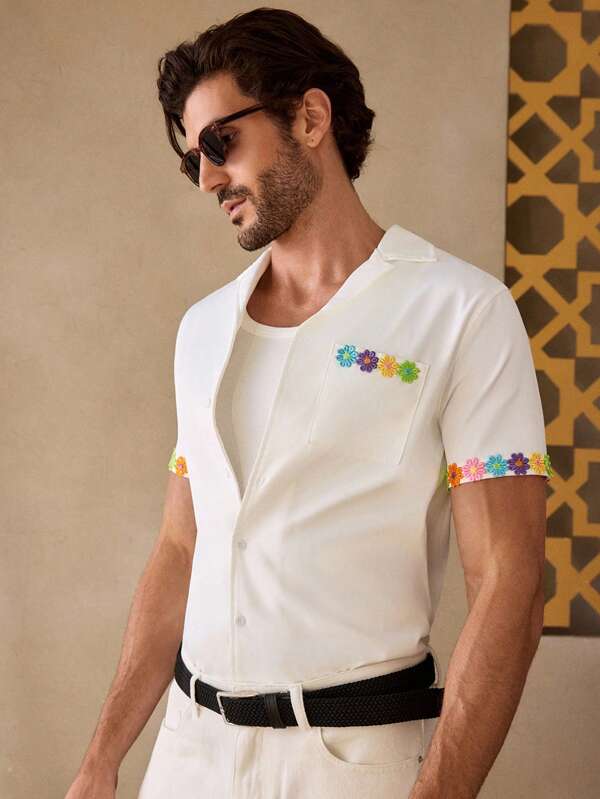 GENTILAND Men's Casual Woven Printed Decoration Ribbon Fitted Regular Shoulder Cuban Collar Short Sleeve Shirt