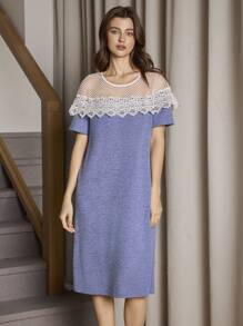SHEIN New Casual Hollow-Out Lace Patchwork Open Shoulder Round Neck Short Sleeve A-Line Nightgown, Summer