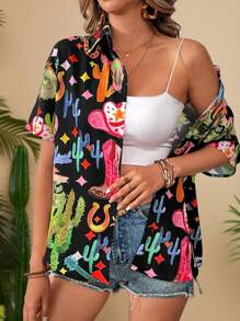 Travachic Vacation Printed Loose Casual Chiffon Blouse For Women, Summer,Short Sleeve Tops - Black - View 4