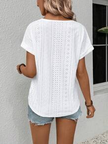 SHEIN VCAY CURVE Women's Lace V-Neck Jacquard Short Sleeve T-Shirt, Plus Size - White - View 2