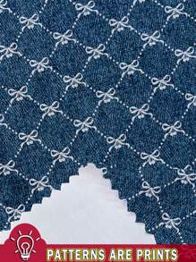 Slaydiva Casual Minimalist Bow Plaid Denim Effect Fitted Long Sleeve Round Neck Dress, Plus Size