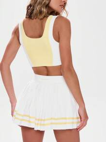 Musera Sport 褶皱侧边撞色拼接短款上衣，活力健身，健身房，黄色，板网球，壁球，泡菜球，健身房