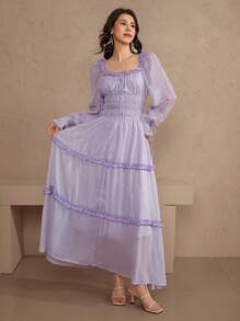 DAZY 女士多层荷叶边拼接纯色音乐节连衣裙，女士夏季连衣裙