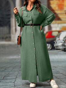 EMERY ROSE Plus Size Women's Solid Color Drop Shoulder Loose Casual Shirt Dress, Spring/Fall Maxi Women Outfit - Army Green - View 3