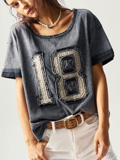 Bohemela Boho Vintage Patchwork Denim Short Sleeve Loose Washed Women T-Shirt