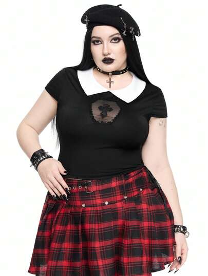 Goth Große Größen Gothic Spitzen Ausschnitt Kreuz Kragen 2-in-1 T-Shirt