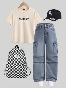 2pcs Set Boys Casual Print T-Shirt And Retro Straight Leg Jeans, School, Campus, College - Apricot - View 1