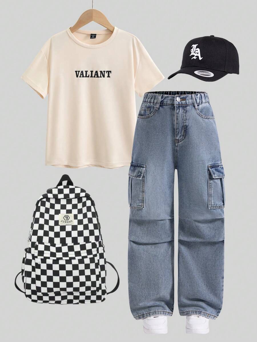 2pcs Set Boys Casual Print T-Shirt And Retro Straight Leg Jeans, School, Campus, College - Apricot - View 1