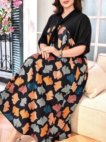 Lacomfia Vestido largo con cintura ceñida y estampado de hojas en patchwork - Negro - Ver 6