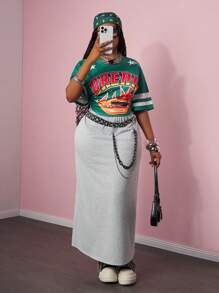 Slaydiva 2025 New Spring/Summer Casual Streetwear Sports Competition Outfit - Green Stripe Print Letter Slogan Logo Top Tee & Grey Long Skirt, 2 Pieces Plus Size Set - Multicolor - View 8