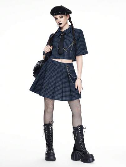 Goth Chemise courte à carreaux décorée de chaînes métalliques punk rock