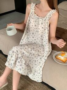 DAZY 女士宽松碎花荷叶边吊带睡袍睡衣 - 藍色 - 查看 3