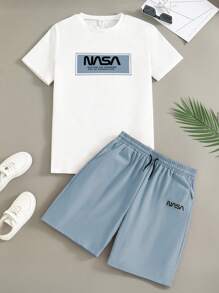Wildeya Set de 2 piezas: Camiseta de manga corta con estampado de letras y cuello redondo informal en color negro + Pantalón corto de tela tejida en caqui para adolescentes, nuevo estilo clásico de verano