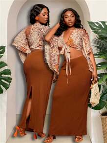 SHEIN SXY Set de 2 piese pentru femei plus size, cu top cu mâneci liliac și fustă tricotată, potrivit pentru ținute de zi cu zi, vacanță la plajă, întâlniri romantice, ziua de naștere, petrecere a burlacilor, drăguț, casual, cumpărături, streetwear, ieșiri în oraș, ușor de asortat și arată supl, îți accentuează corpul, flatează silueta - Portocale - Vizualizare 1