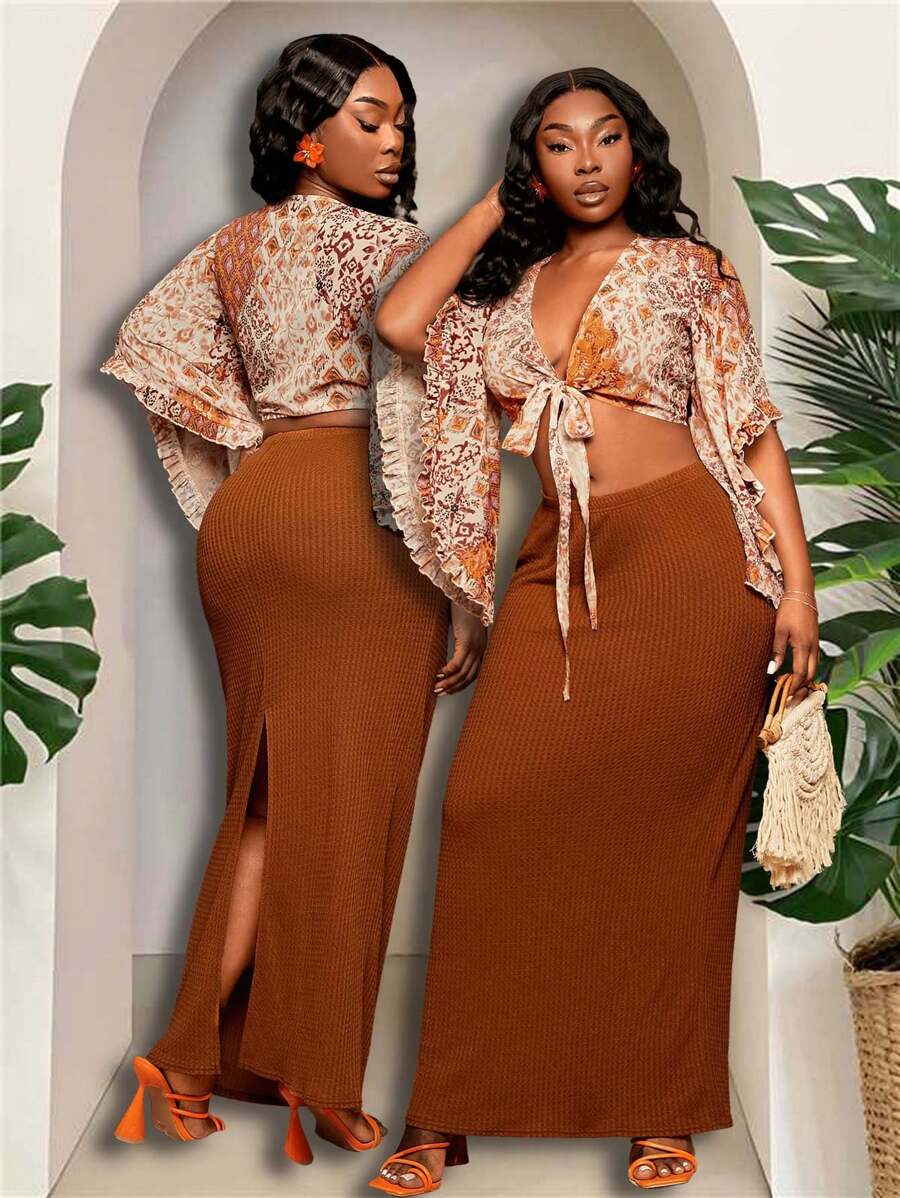 SHEIN SXY Set de 2 piese pentru femei plus size, cu top cu mâneci liliac și fustă tricotată, potrivit pentru ținute de zi cu zi, vacanță la plajă, întâlniri romantice, ziua de naștere, petrecere a burlacilor, drăguț, casual, cumpărături, streetwear, ieșiri în oraș, ușor de asortat și arată supl, îți accentuează corpul, flatează silueta - Portocale - Vizualizare 1